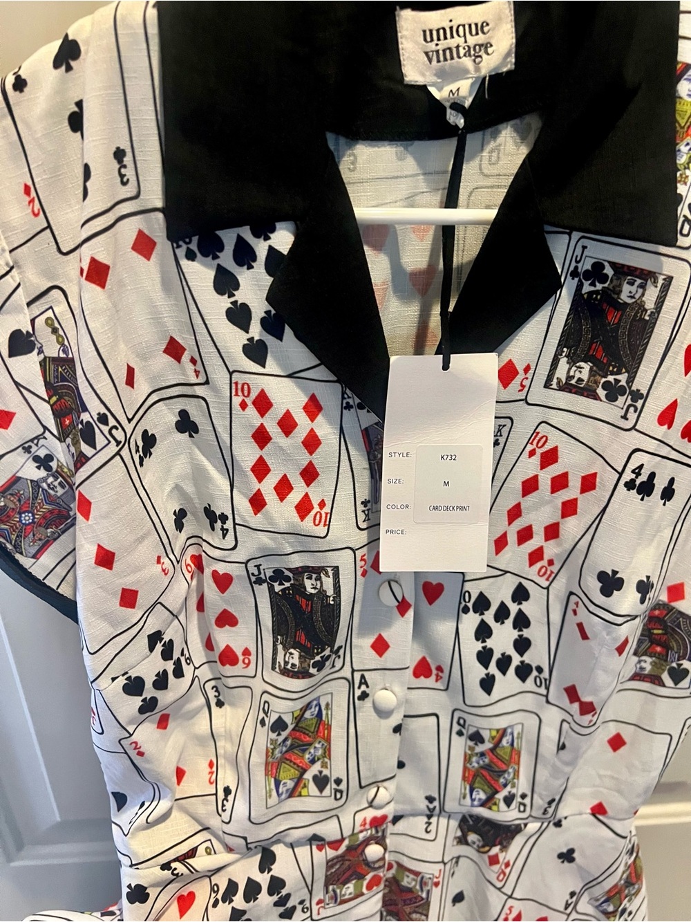Unique Vintage Black Collared Card Deck Print Shirt Dress in White, Black & Red
